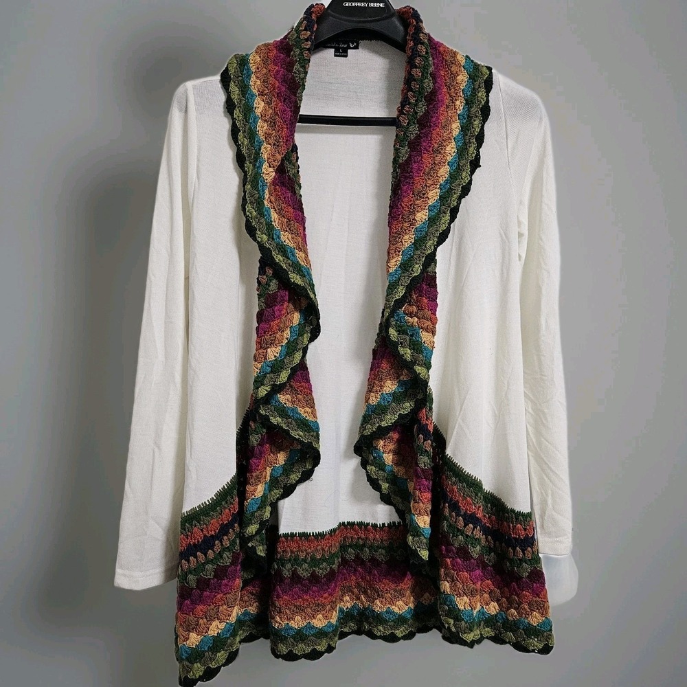 Double Zero Crochet Trim Open Cardigan Women Lg White  Bohemian‎ Hippie Artsy